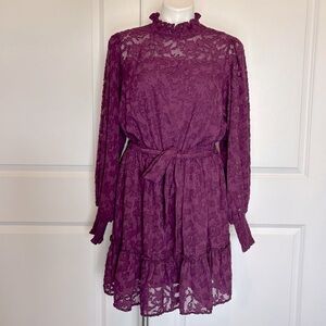 NWT Umgee Purple Jessica Ruffle Neck Long Sleeve Sheer Floral Tie Waist Dress